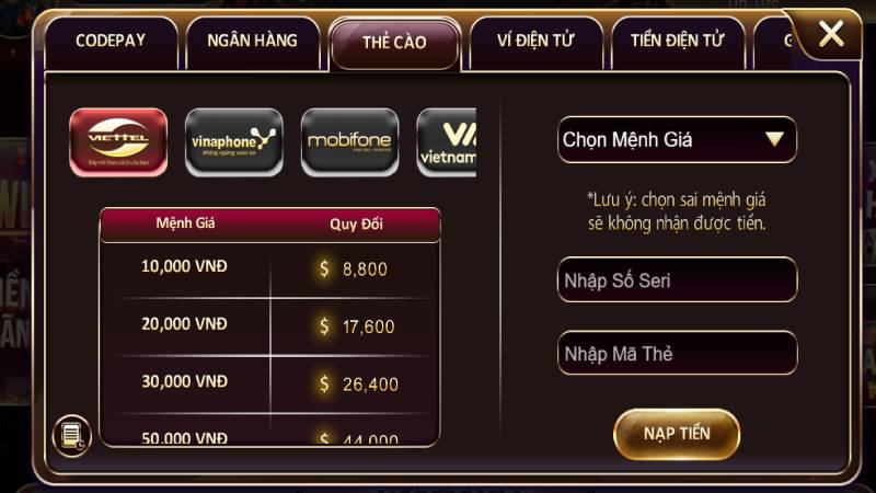 Nạp tiền Splay qua thẻ cào